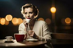 une femme est séance à une table avec une tasse de café. généré par ai photo