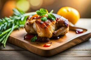 une poulet sur une en bois Coupe planche avec herbes et des légumes. généré par ai photo