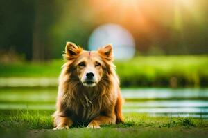 une chien séance dans le herbe près une étang. généré par ai photo