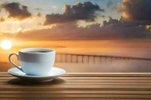café tasse sur le table avec le lever du soleil. généré par ai photo