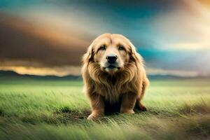 une d'or retriever séance dans le herbe. généré par ai photo