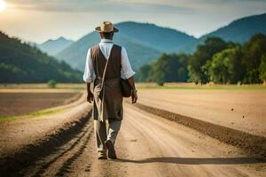 une homme dans une chapeau et gilet en marchant vers le bas une saleté route. généré par ai photo