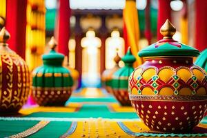 coloré des vases sont doublé en haut sur une tableau. généré par ai photo