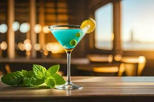 bleu cocktail avec menthe feuilles sur le tableau. généré par ai photo