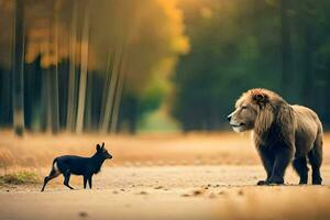 une Lion et une cerf marcher vers le bas une route. généré par ai photo