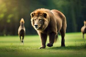 une Lion en marchant dans le herbe avec autre animaux. généré par ai photo