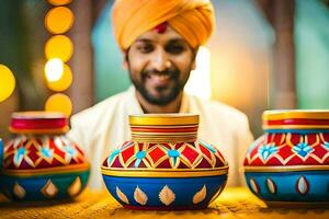 homme dans turban en portant coloré marmites. généré par ai photo