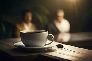 une café tasse et soucoupe sur une en bois table avec une homme dans le Contexte. généré par ai photo