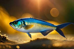 une poisson est permanent sur le le sable avec le Soleil brillant. généré par ai photo