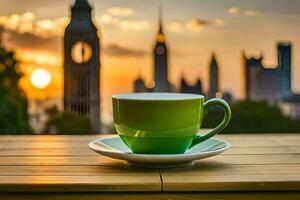 une tasse de café sur une table dans de face de le gros Ben. généré par ai photo