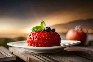 une fraise dessert sur une assiette avec myrtilles. généré par ai photo