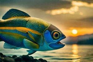 une poisson avec une gros bouche est montré dans le le coucher du soleil. généré par ai photo