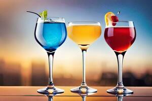 Trois différent coloré des cocktails dans des lunettes sur une tableau. généré par ai photo