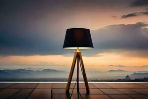 une lampe sur une trépied avec une vue de le montagnes. généré par ai photo