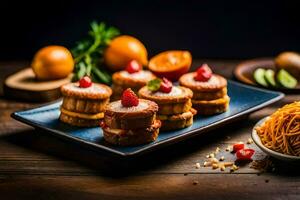 petit Gâteaux avec fruit sur Haut et nouilles. généré par ai photo