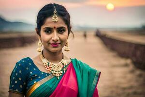 une magnifique Jeune femme dans une coloré sari. généré par ai photo