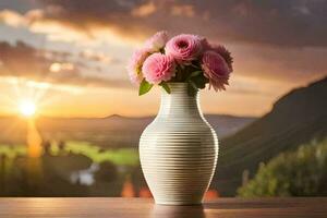 une vase avec rose fleurs sur une table dans de face de une le coucher du soleil. généré par ai photo