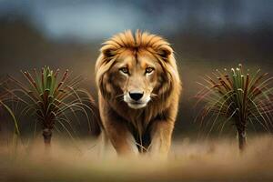 une Lion en marchant par une champ avec les plantes. généré par ai photo