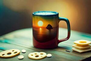 une café agresser avec une le coucher du soleil sur il. généré par ai photo