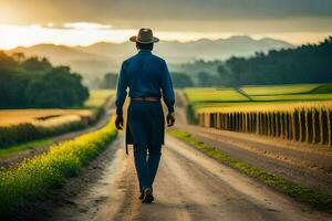 une homme dans une cow-boy chapeau des promenades vers le bas une saleté route. généré par ai photo