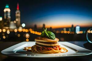 une assiette de spaghetti et une vue de le ville. généré par ai photo