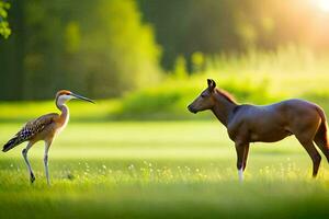 une cheval et une oiseau dans une champ. généré par ai photo