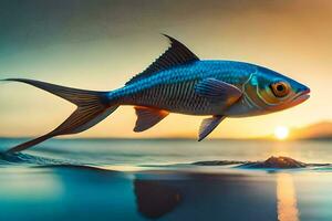 une poisson est nager dans le océan à le coucher du soleil. généré par ai photo