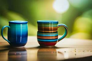 deux coloré des tasses séance sur une tableau. généré par ai photo