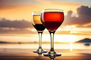 deux du vin des lunettes avec rouge et blanc du vin sur une tableau. généré par ai photo