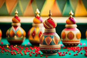 coloré des vases avec rouge et vert perles sur une vert tableau. généré par ai photo