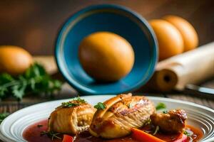 une assiette de nourriture avec poulet et des légumes. généré par ai photo