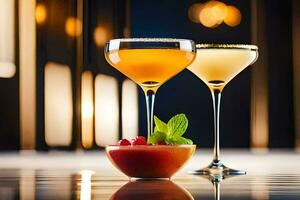 deux des cocktails asseoir sur une table avec une lumière derrière eux. généré par ai photo