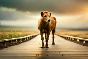 une marron cheval permanent sur une en bois pont. généré par ai photo