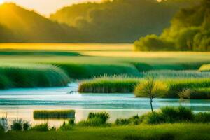 le Soleil brille plus de une le marais et herbeux champ. généré par ai photo