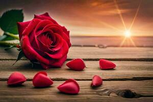 rouge Rose sur une en bois table avec Soleil dans le Contexte. généré par ai photo