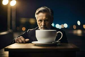 une homme séance à une table avec une café Coupe. généré par ai photo