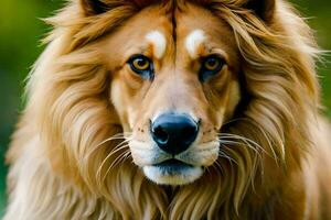 une proche en haut de une Lion avec longue cheveux. généré par ai photo