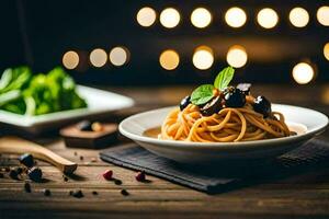 spaghetti avec noir Olives et champignons dans une blanc bol sur une en bois tableau. généré par ai photo