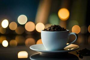 une tasse de café sur une table avec une flou Contexte. généré par ai photo