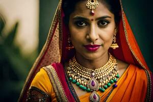 une magnifique Indien femme portant une sari et bijoux. généré par ai photo