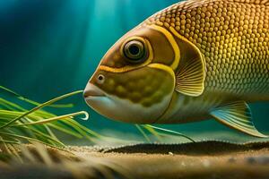 une poisson est nager dans le l'eau avec herbe. généré par ai photo