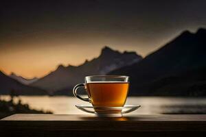 une tasse de thé sur une en bois table dans de face de une lac. généré par ai photo