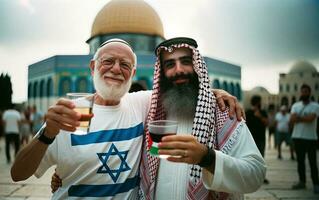 juif et palestinien Hommes pain grillé à paix et unité. génératif ai. photo