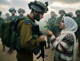 palestinien femme offre paix fleur à israélien soldat. génératif ai. photo