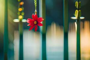 une rouge fleur pendaison de une clôture. généré par ai photo