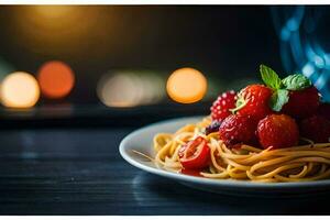 une assiette de spaghetti avec baies et menthe feuilles. généré par ai photo