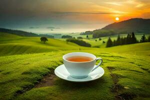 une tasse de thé sur une flanc de coteau. généré par ai photo