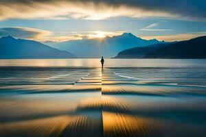 une homme des stands seul sur le rive de une Lac à le coucher du soleil. généré par ai photo