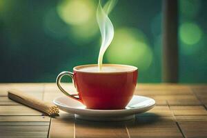 une tasse de café avec une cannelle bâton sur une en bois tableau. généré par ai photo