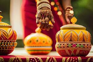 une femme est en portant une pot avec coloré décorations. généré par ai photo